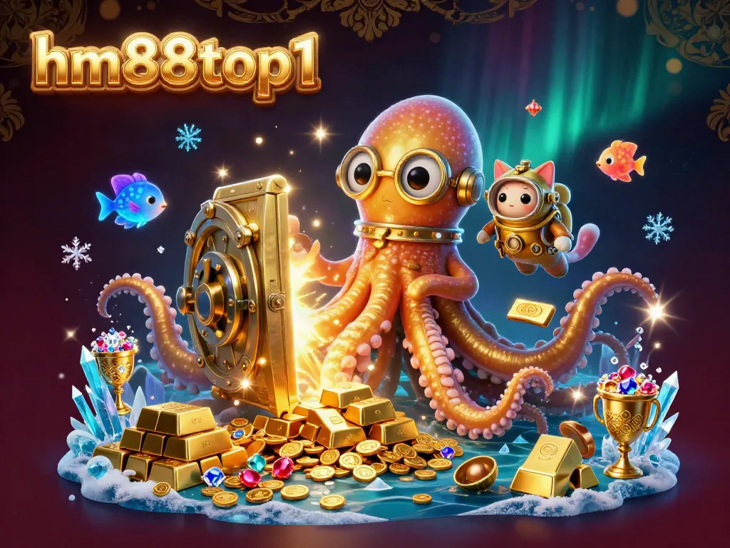 Immerse in the captivating world of hm88top1 with a vibrant underwater scene showcasing a golden kraken, diving cat, and ornamental gems.