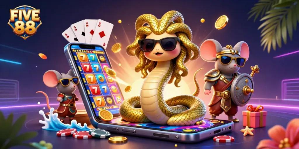 Experience thrilling gameplay with FIVE 88 in this vibrant 3D casino illustration featuring slots and friendly characters.