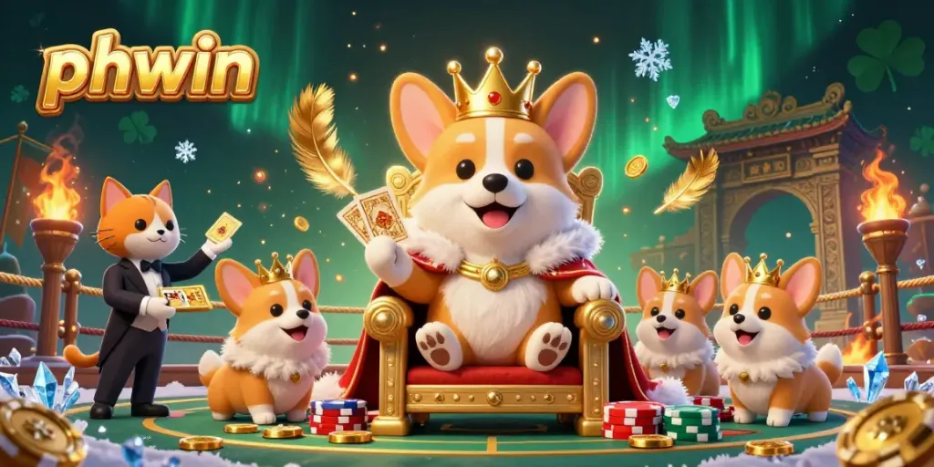 Experience the thrill at PHWIN's vibrant digital casino with corgis and luxurious gaming elements.