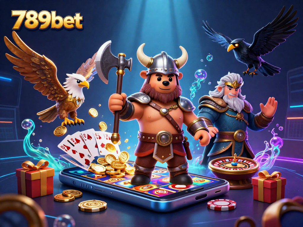 Engage in thrilling gameplay at 789bet with a vibrant scene featuring a Viking bear amidst casino excitement.