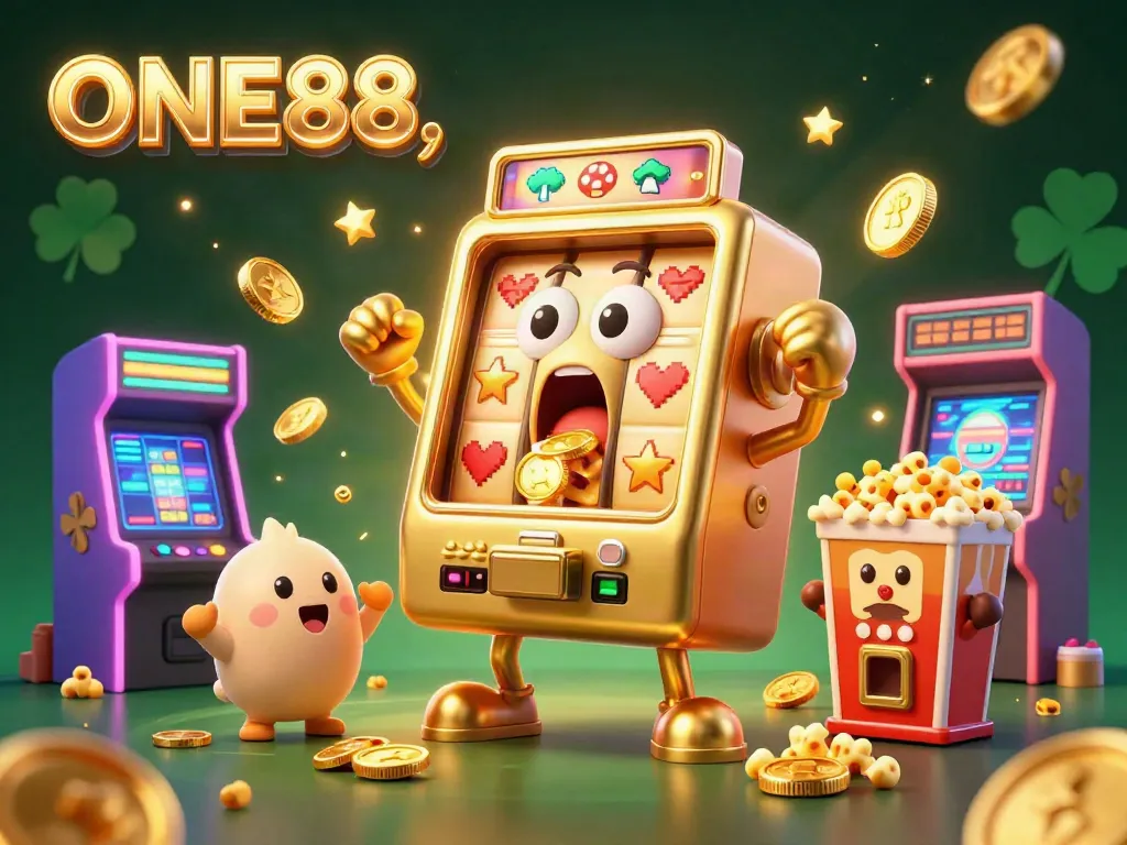 Experience the excitement at ONE88 with a golden slot machine hitting a jackpot, surrounded by cheering machines.