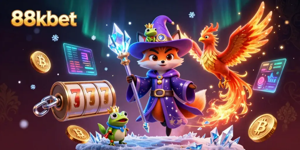 Experience the exciting world of 88kbet with mystical characters and vibrant casino elements.