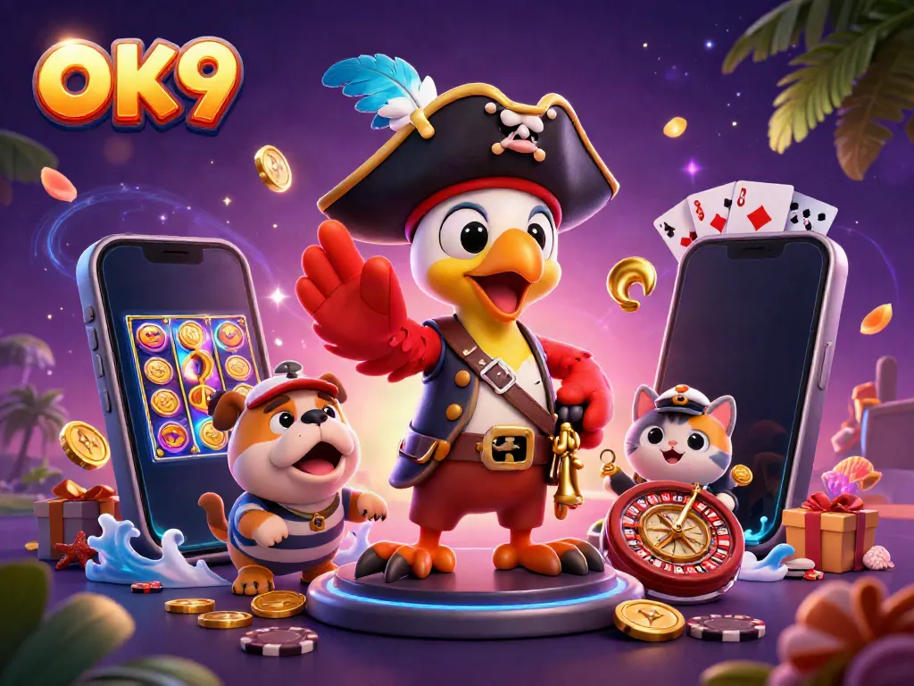 Experience thrilling adventures at OK9 with pirate characters surrounded by casino elements like card games and slot machines.
