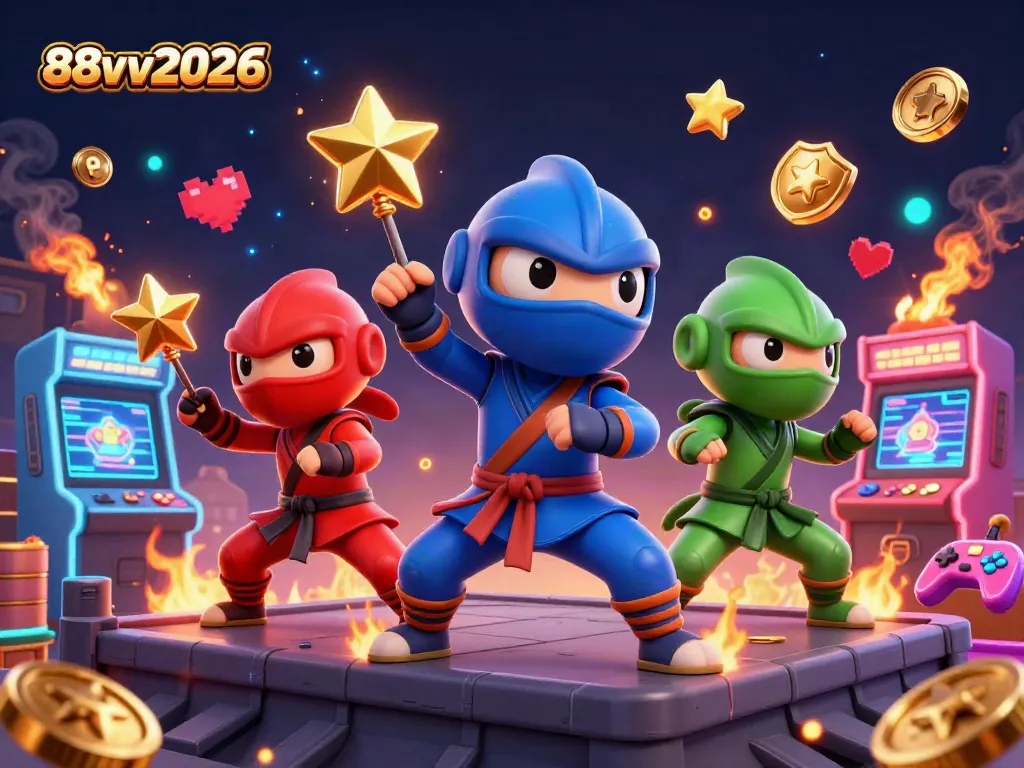 Synchronized martial arts poses by 88vv2026 chameleons in a casino-themed illustration.