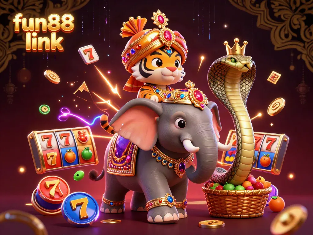 Experience thrilling gaming action with fun88 link in a vibrant 3D illustration featuring a majestic tiger and elephants.