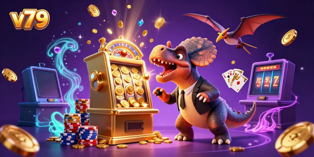 Pachycephalosaurus celebrates jackpot at v79 casino with golden coins cascading around