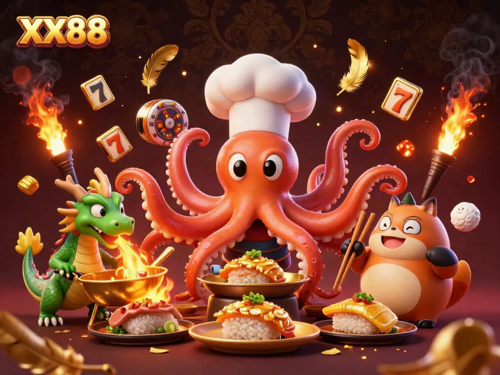 Join the excitement at XX88 with a sushi chef octopus and dragon in a vibrant casino scene.