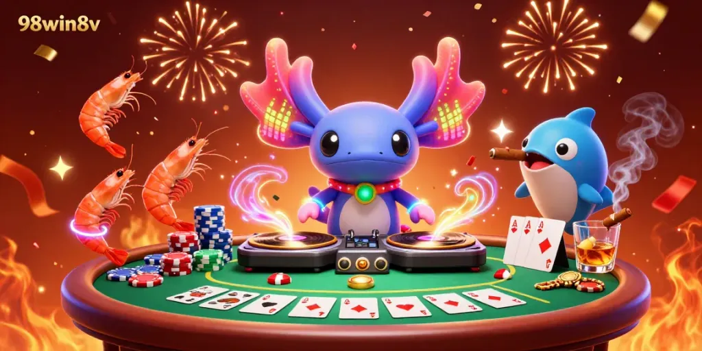 Experience vibrant casino energy with 98win8v's colorful axolotl DJ and dancing shrimp amidst poker elements.