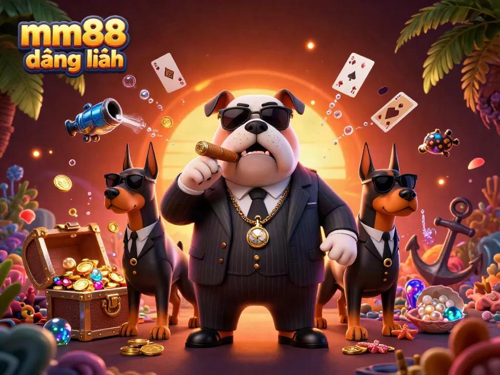 Experience the thrill of mm88 đăng nhập with a vibrant casino illustration featuring a mafia boss and Doberman bodyguards amid treasures.