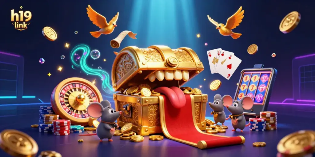 Engage in thrilling gameplay at h19 link with golden treasure chests, coins, and dynamic casino elements.
