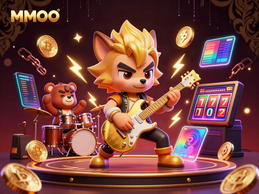 Experience the thrilling action of MMOO casino featuring rock star characters and slot elements.
