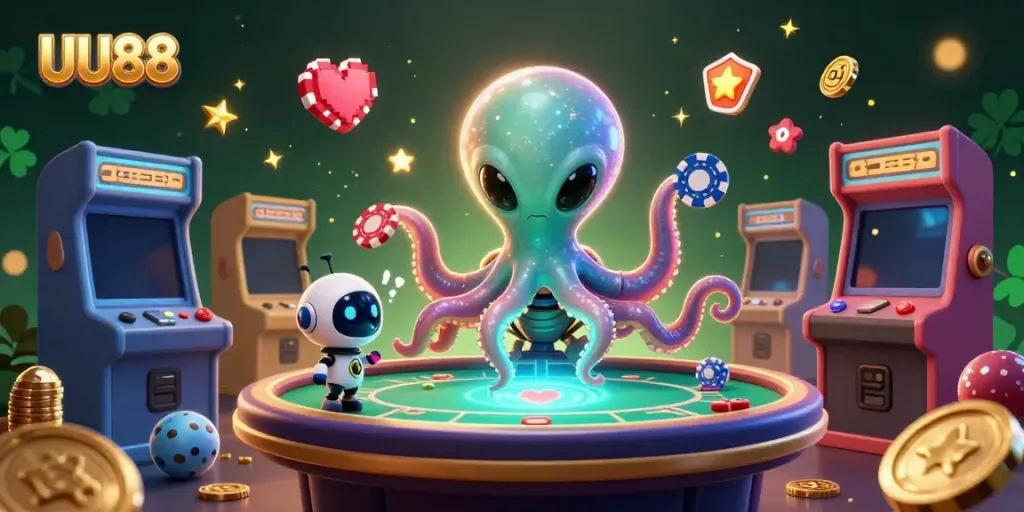 Experience thrilling casino action at UU88 with a colorful alien octopus dealer and vibrant gaming elements.