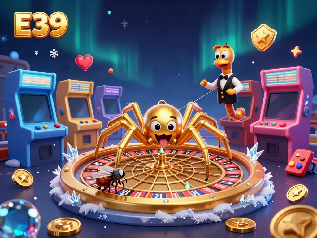 Spin the E39 roulette web with a fly nervously placing bets amidst colorful casino motifs.