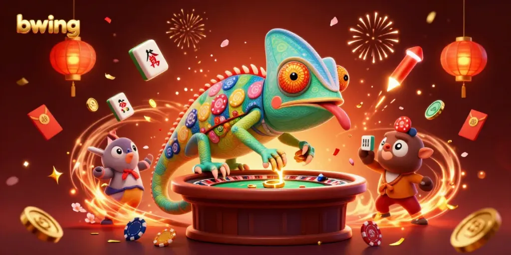 Experience vibrant gambling at bwing with our chameleon casino owner amidst a festive backdrop.