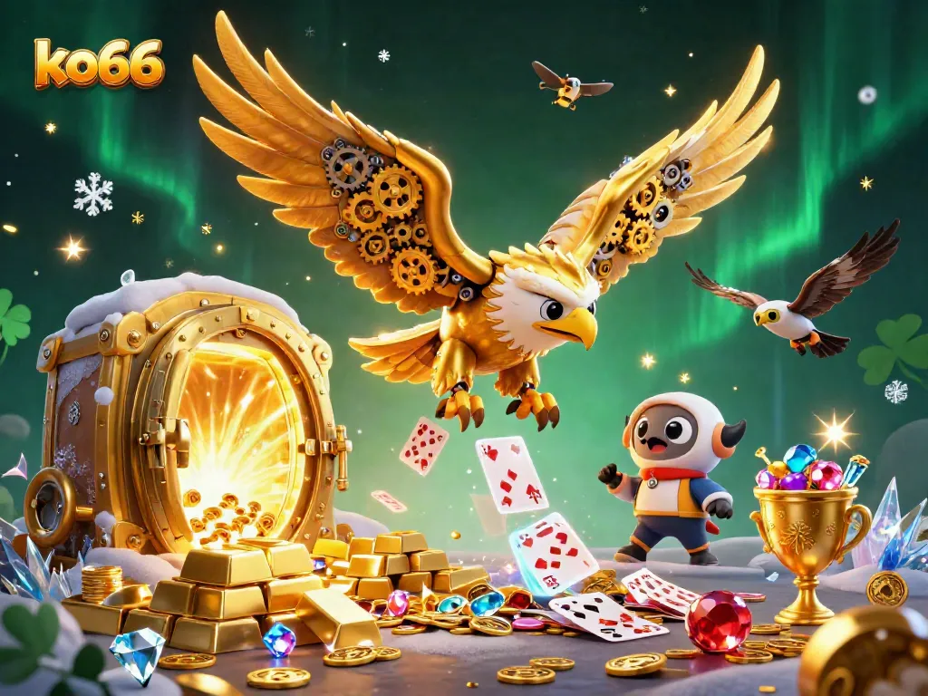 Engage with exciting ko66 gaming adventures featuring a cybernetic eagle amidst rich casino elements.