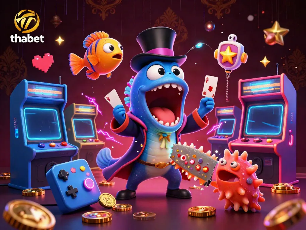 Engage with thabet in a vibrant 3D casino scene filled with animated characters showcasing their magical skills.