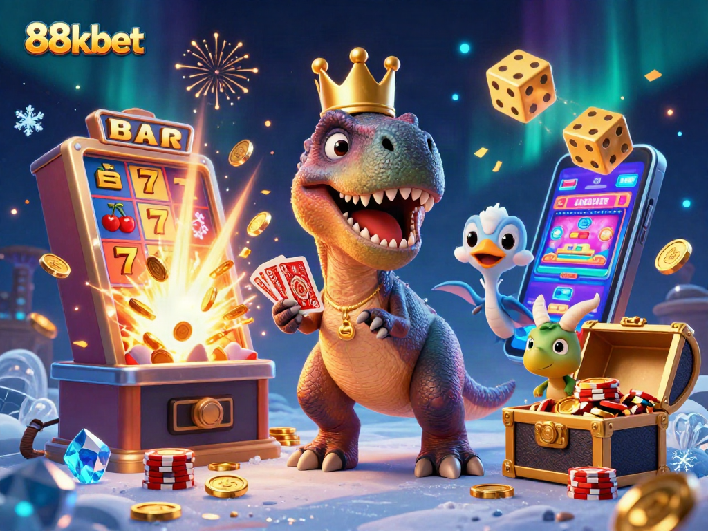 Experience excitement with 88kbet's vibrant casino scene featuring a friendly T-Rex and dynamic game elements.