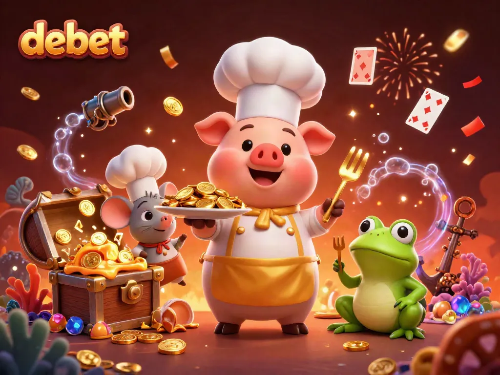 Engage with Debet's vibrant casino atmosphere featuring gold coins and cartoon characters.