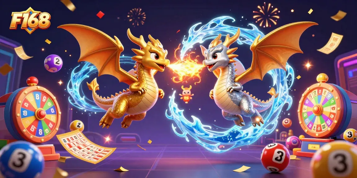 Experience thrilling gaming at F168 with vibrant dragons breathing fire and ice as lottery elements surround them.