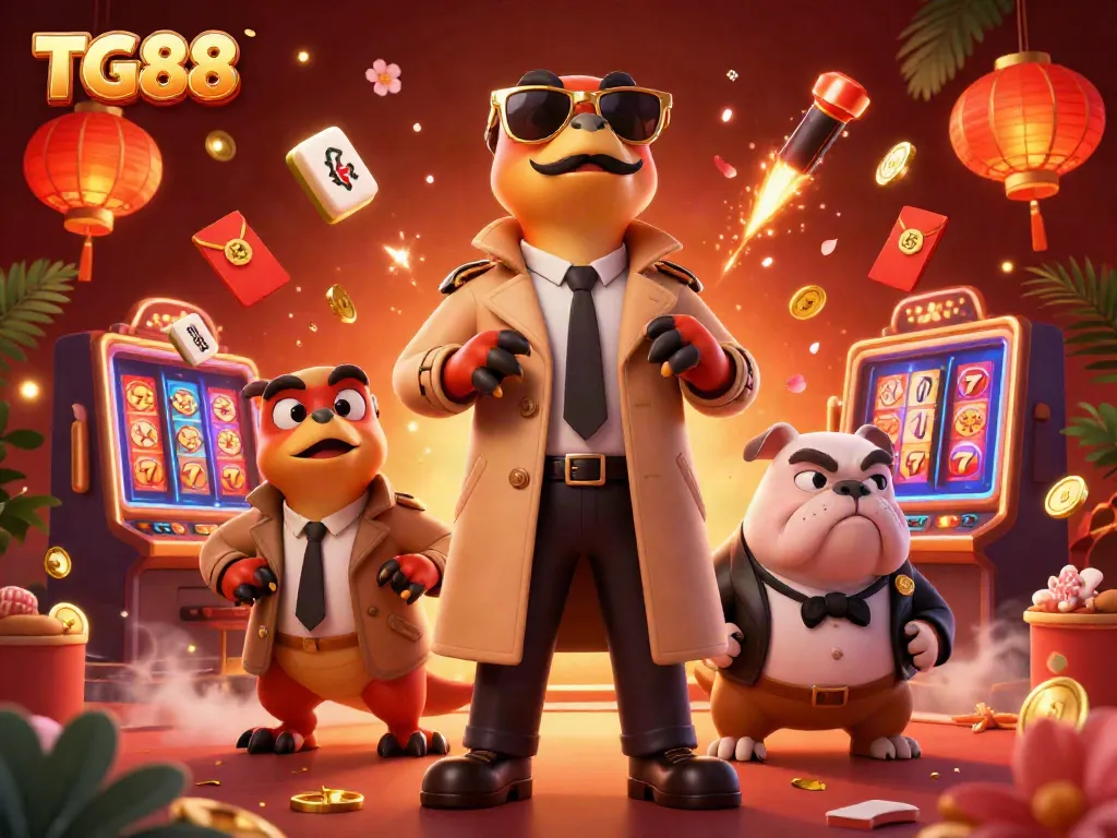 Experience TG88's excitement with three raptors entering a VIP casino lounge filled with game elements.