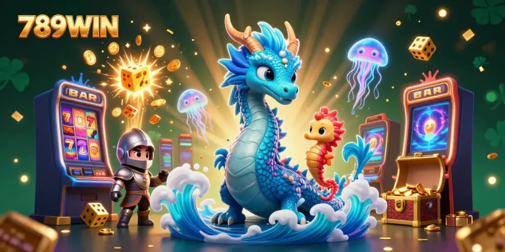 Experience the thrilling world of 789WIN with a dynamic 3D illustration featuring a dragon, coral knight, and casino games.