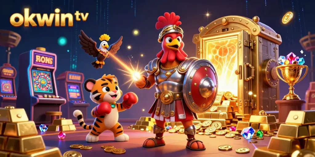 Witness the thrilling action at okwin tv with a colorful casino scene featuring a gladiator rooster, a tiger cub, and dazzling treasures.