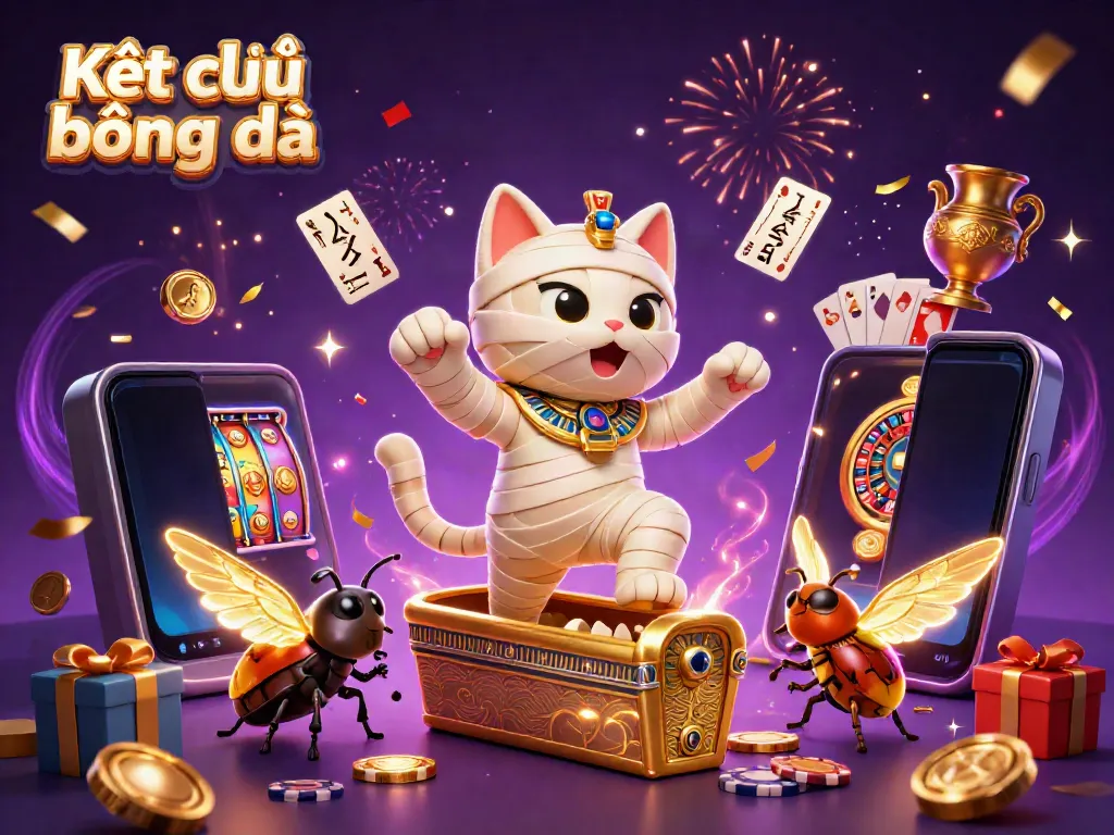 Kết quả bóng đá comes alive with a vibrant mummy cat and scarab beetle in a thrilling casino scene.