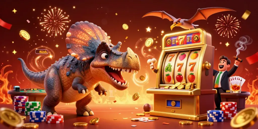 Hitclub features a pachycephalosaurus winning coins from a jackpot, highlighting the thrill of casino gaming.