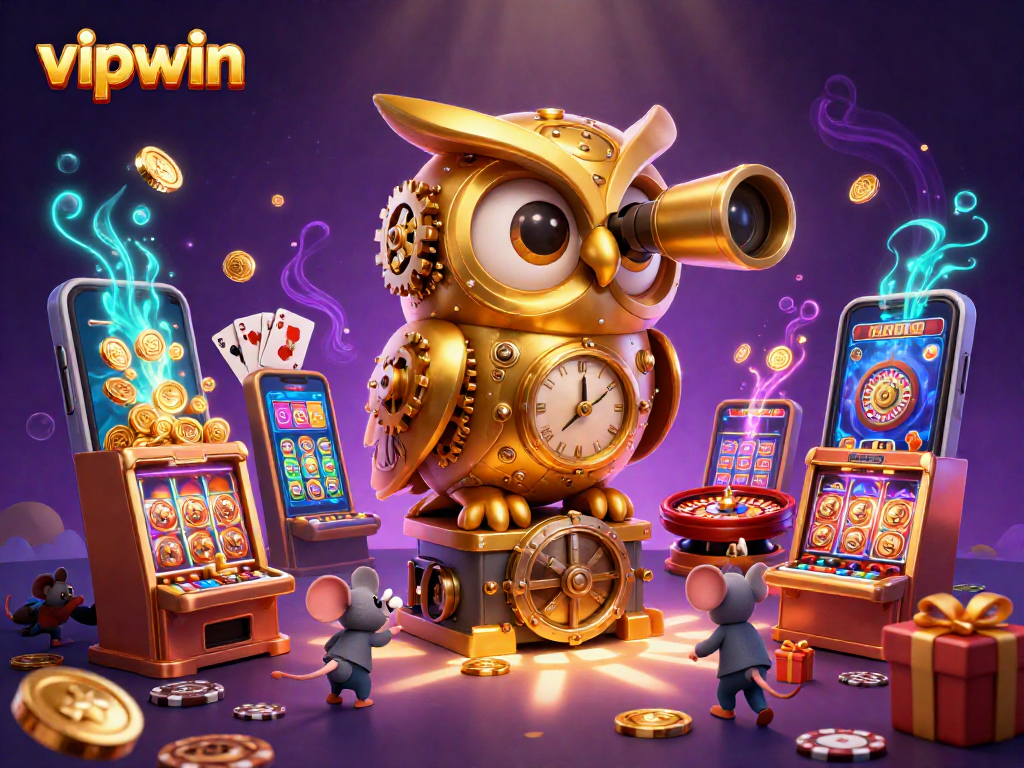 Win big at vipwin with a clockwork owl watching over a vibrant casino scene.