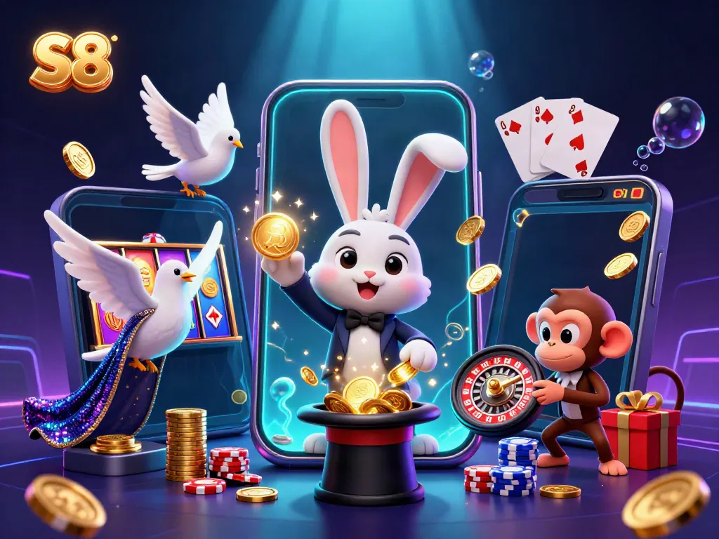 Experience S8's magical casino game world with a 3D magician rabbit pulling coins and exciting slot games.