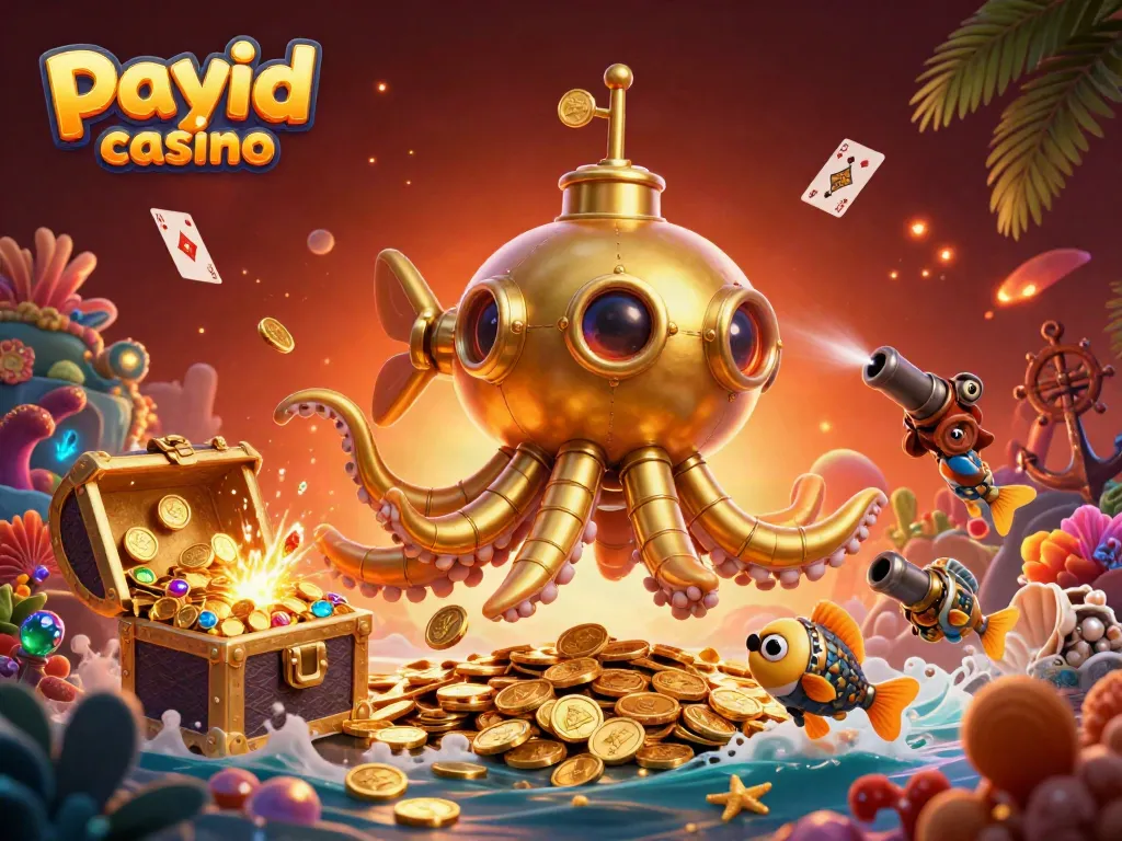 Experience thrilling action at payid casino with a vibrant underwater scene featuring a golden kraken and mechanical fish.
