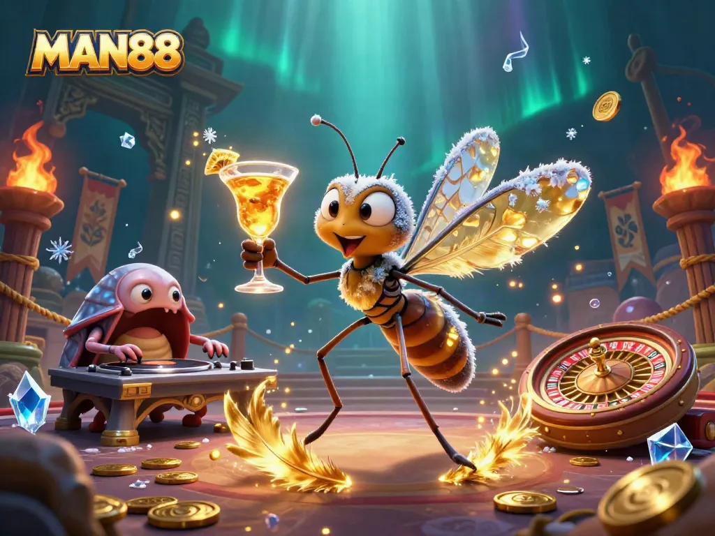 Experience the thrill at MAN88 Casino with a vibrant scene of epic characters and treasures.