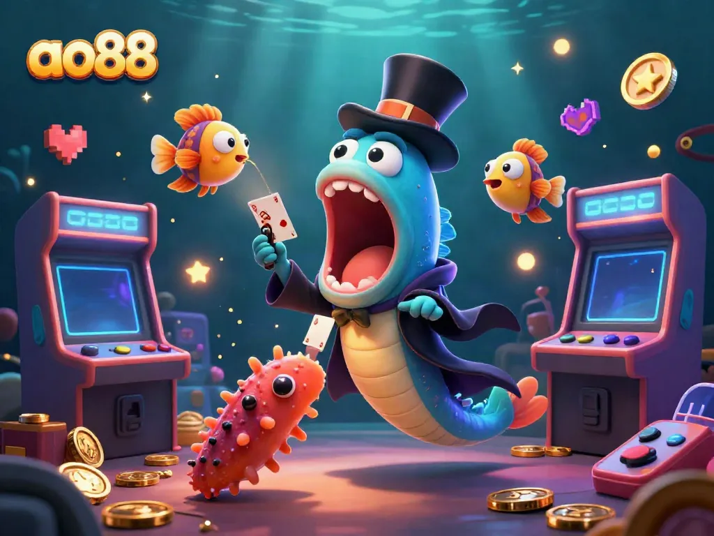 ao88 showcases an engaging underwater casino scene with interactive characters performing tricks and glowing game elements.