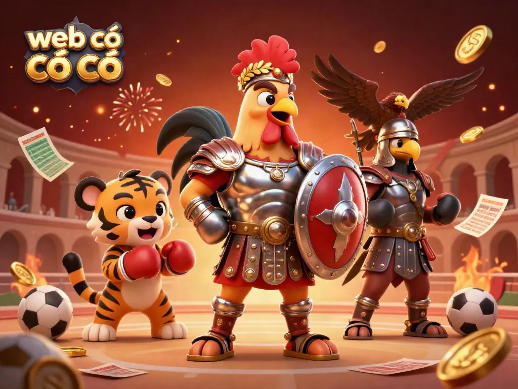 Dynamic scene showcasing a gladiator rooster and sparring tiger, emphasizing web cá cược bóng đá with sports elements.