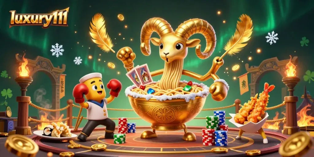 Engage with luxury111 as the giant ramen bowl dealer stacks chips in a vibrant casino scene.