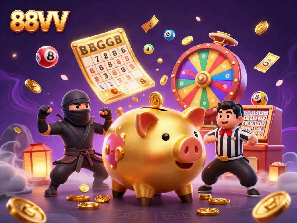 88VV promotes exciting gaming action featuring a golden piggy bank sumo wrestler surrounded by colorful 3D elements.