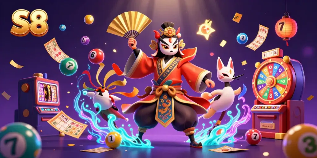 Experience S8 slots with vibrant lottery elements, kabuki warrior, and atmospheric effects.