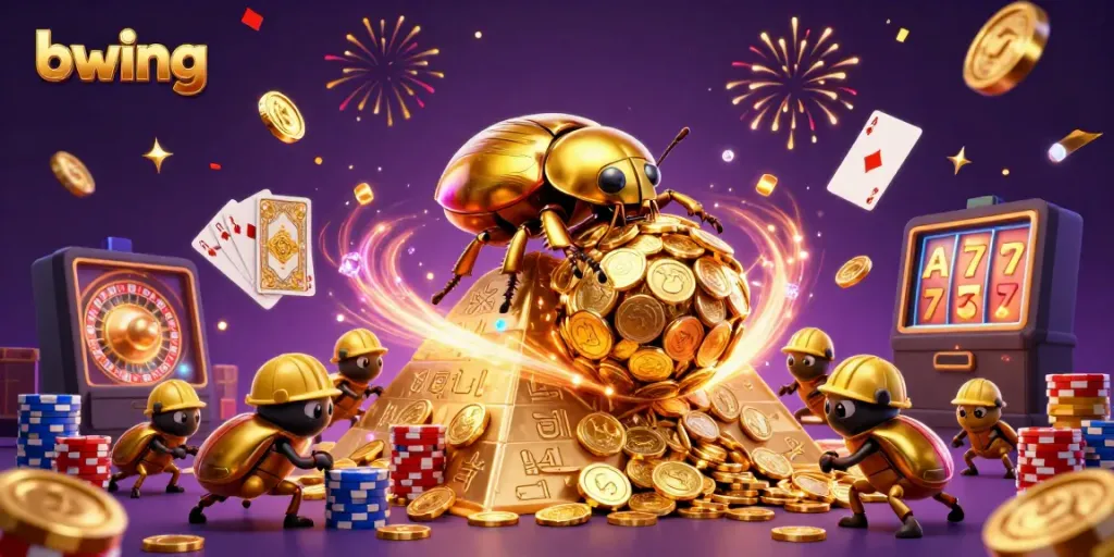 Bwing offers vibrant gambling experiences with golden symbols and dynamic casino elements.