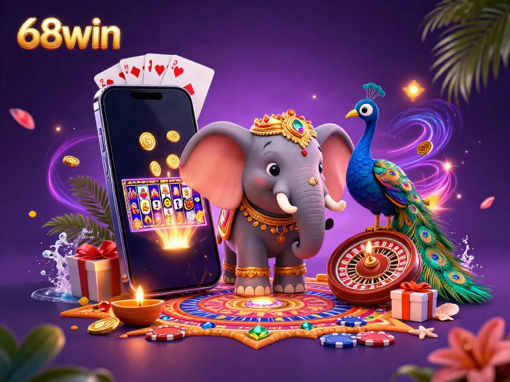 Experience the vibrant 68win gaming scene with a colorful 3D elephant, peacock, and dynamic slot game elements.