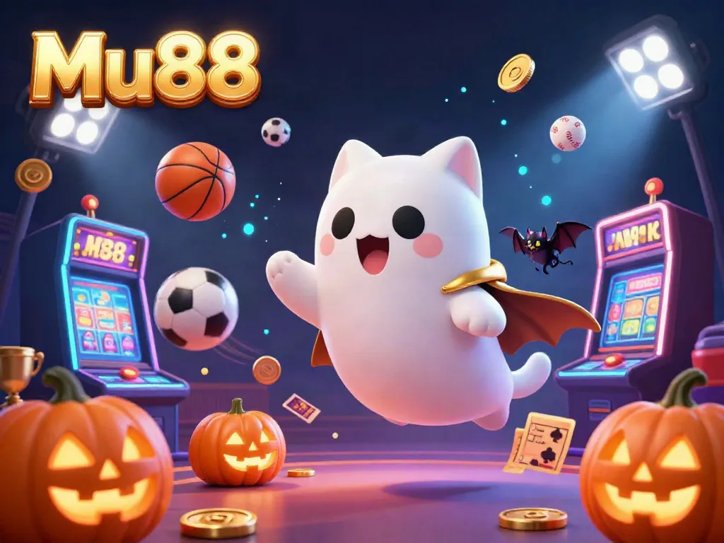 Engage in thrilling gaming at Mu88, featuring a friendly ghost cat and vibrant casino elements.