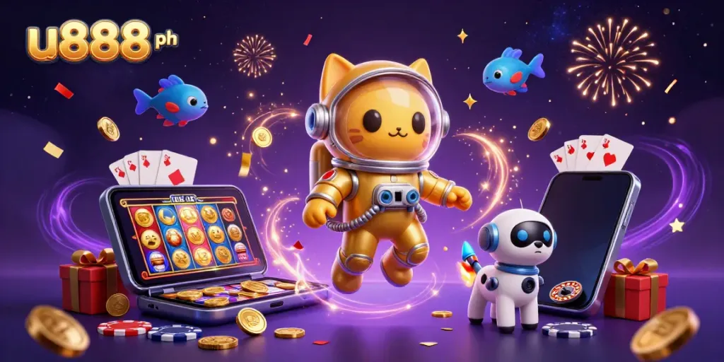 Join the thrilling action at u888 ph with an astronaut cat and robot dog in a vibrant casino-themed scene.