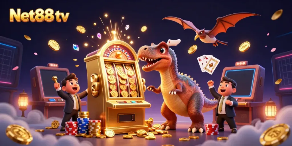 Experience the thrill of Net88 tv as a pachycephalosaurus hits a jackpot slot machine!