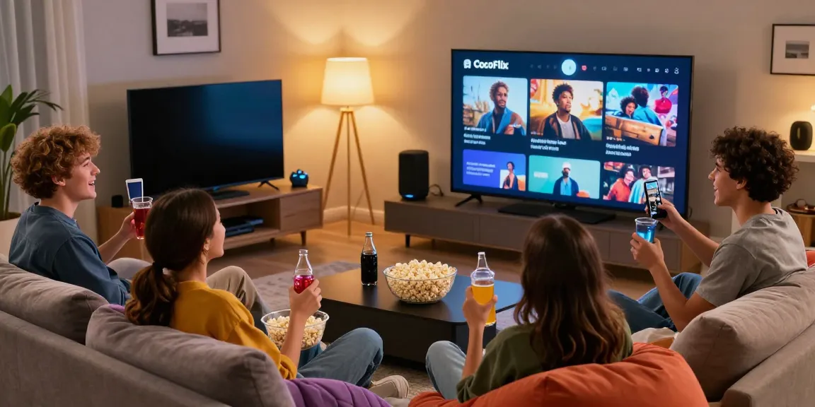 Teens enjoying streaming movies on CocoFlix in a cozy living room, highlighting the app's appeal for youthful entertainment.