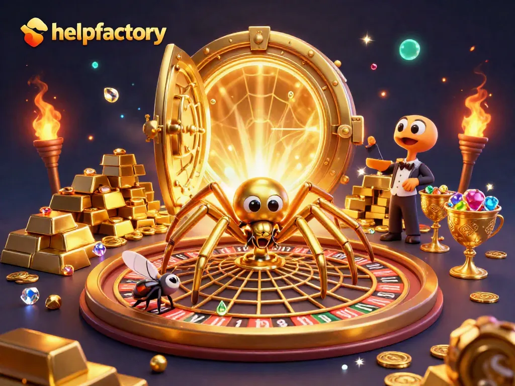 Experience exciting bets with helpfactory in a vibrant casino themed illustration featuring a spider and a croupier.
