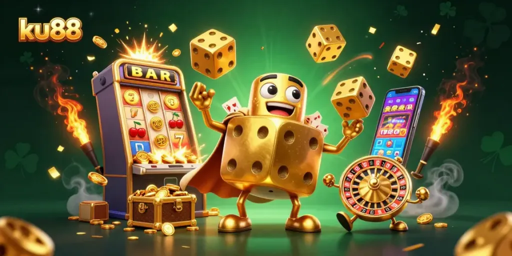 Experience the thrilling ku88 casino action with golden dice and slots in a vibrant 3D illustration.