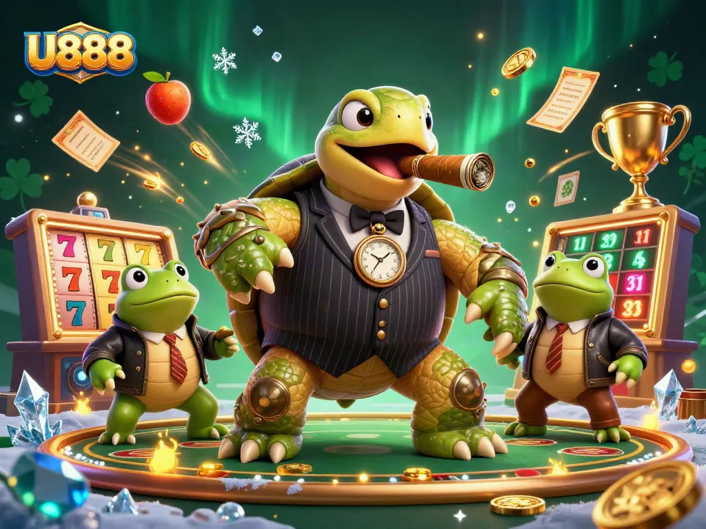 Experience thrilling gameplay with U888 featuring a cartoon turtle and frog enforcers in a vibrant casino scene.