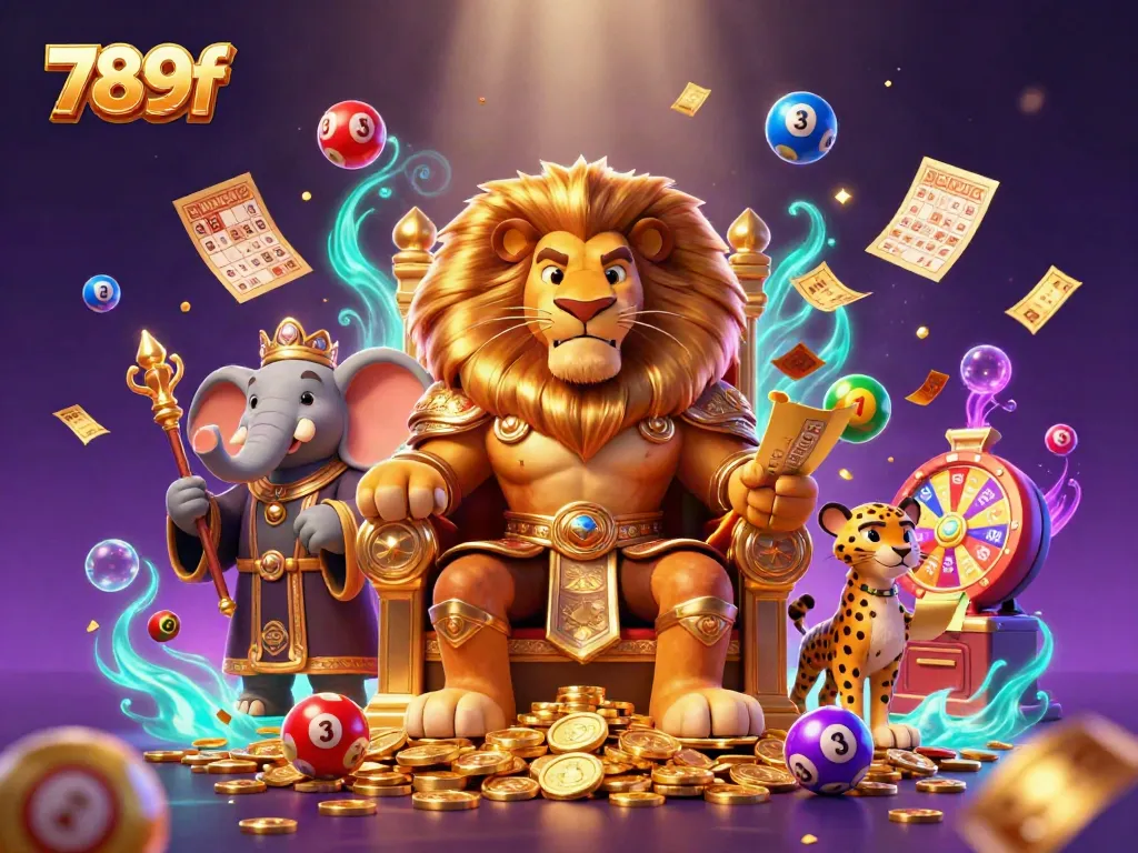 Experience thrilling gameplay with 789f, a vibrant scene of casino characters amidst lottery elements.