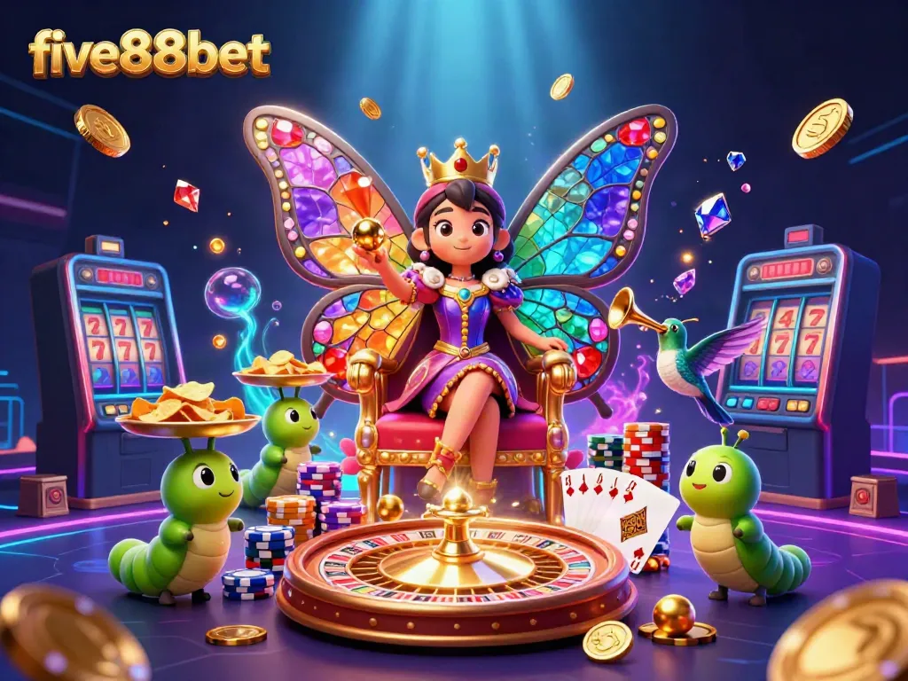 Enhance your gaming experience at five88bet with a mesmerizing scene of casino fun, featuring a butterfly queen and plenty of gambling riches.