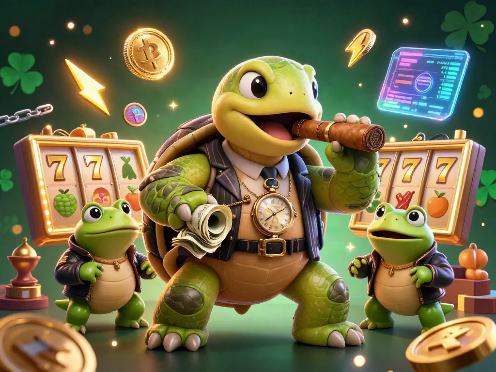 Engage in the thrilling world of QQ88 with a cartoon turtle mobster and frog enforcers at a vibrant slot machine.