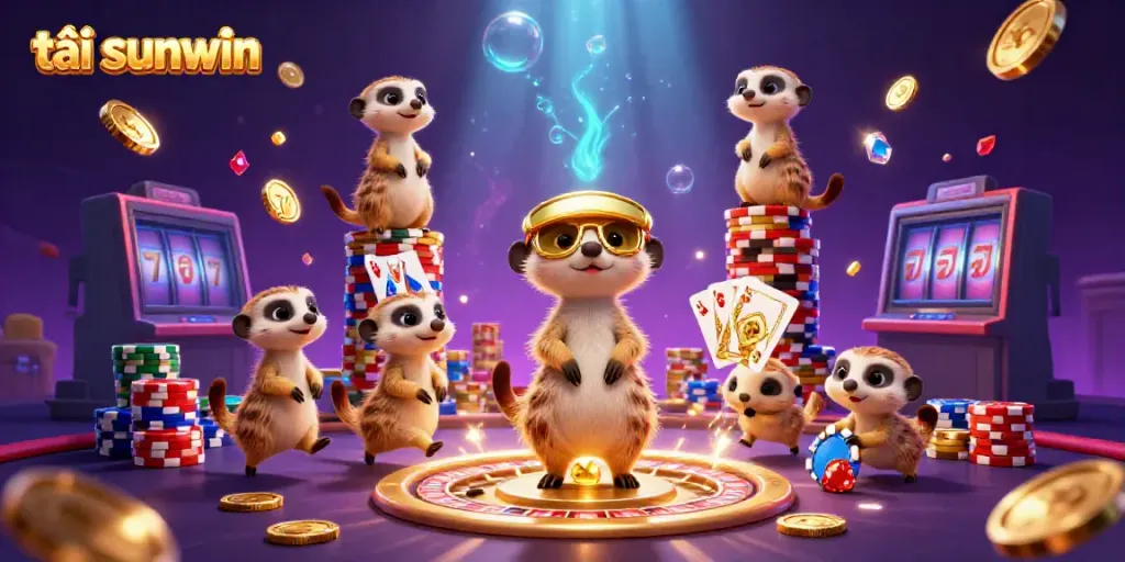 Engage in thrilling gaming adventures as you tải sunwin, featuring a colorful casino scene with meerkats and vibrant game elements.